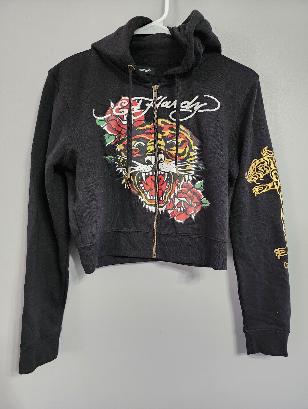 Ed Hardy Black Cropped Zip Hoodie with Tiger & Red Rose Graphic